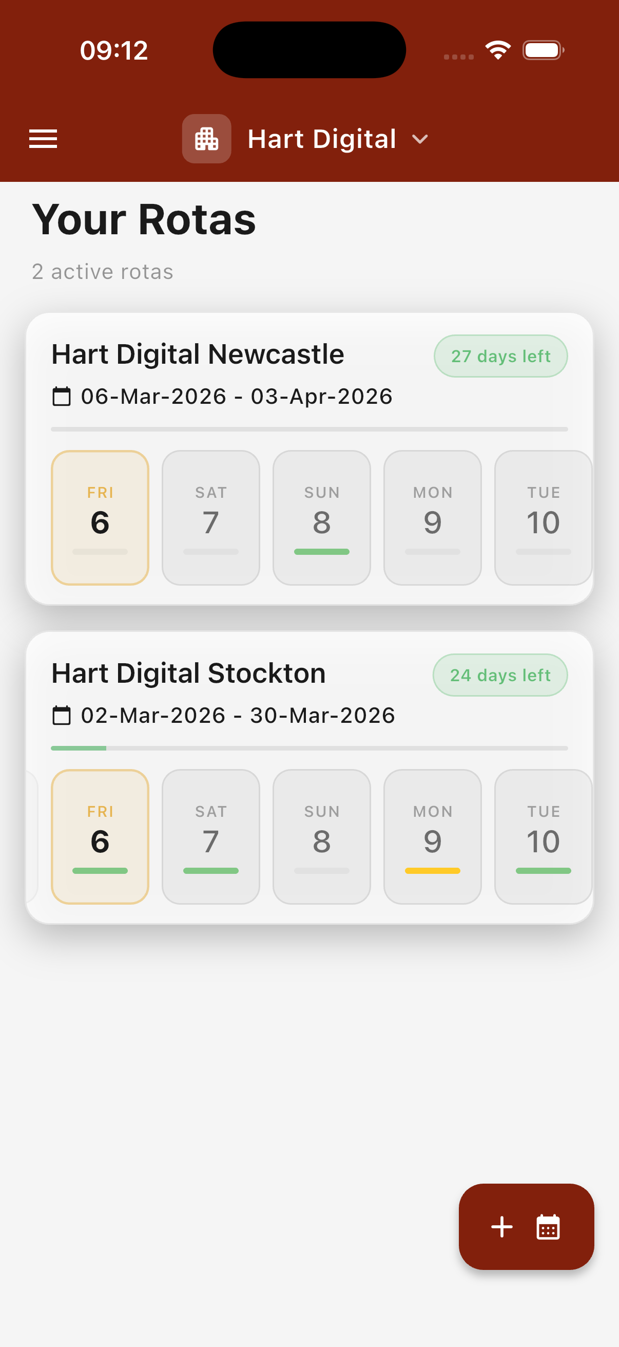 TurboRota home screen showing active rotas — light theme