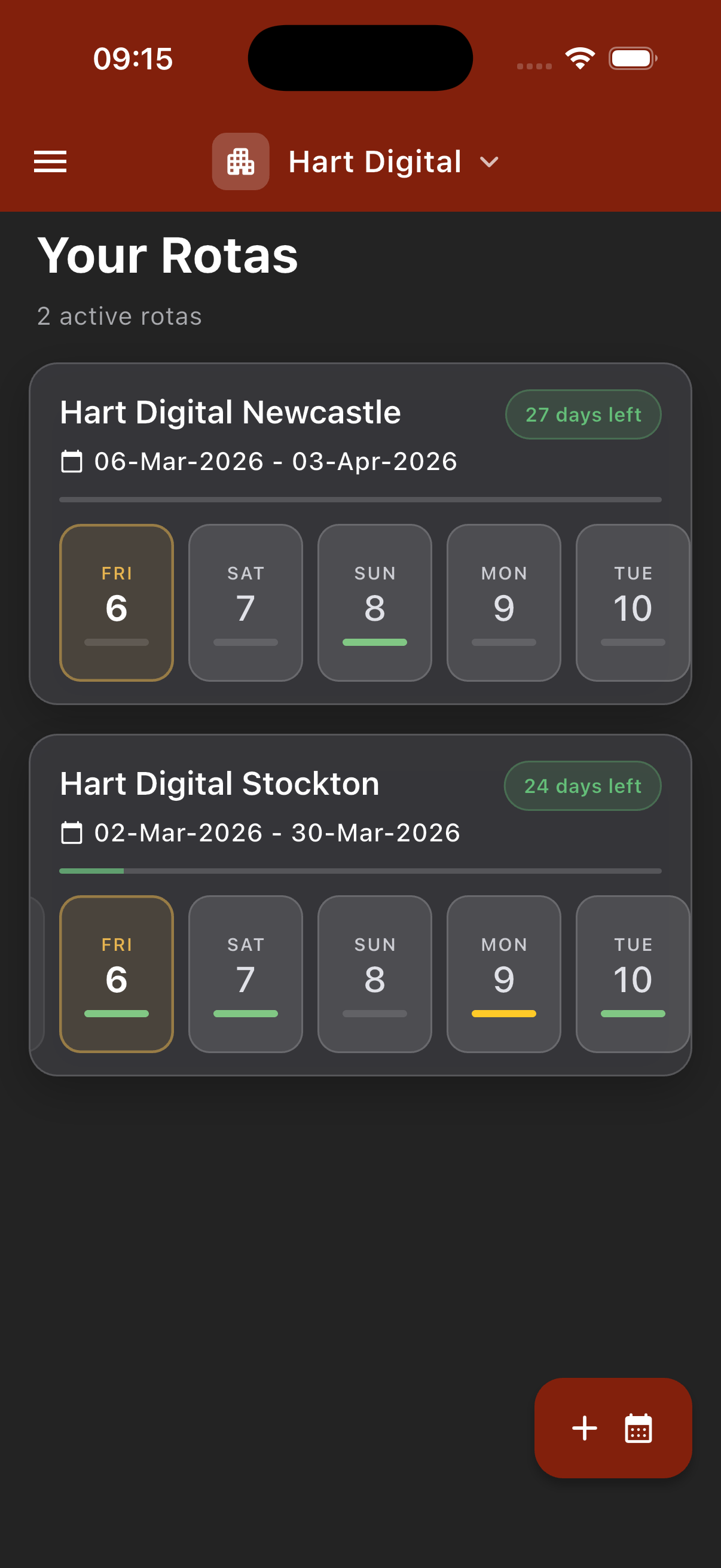 TurboRota home screen showing active rotas — dark theme
