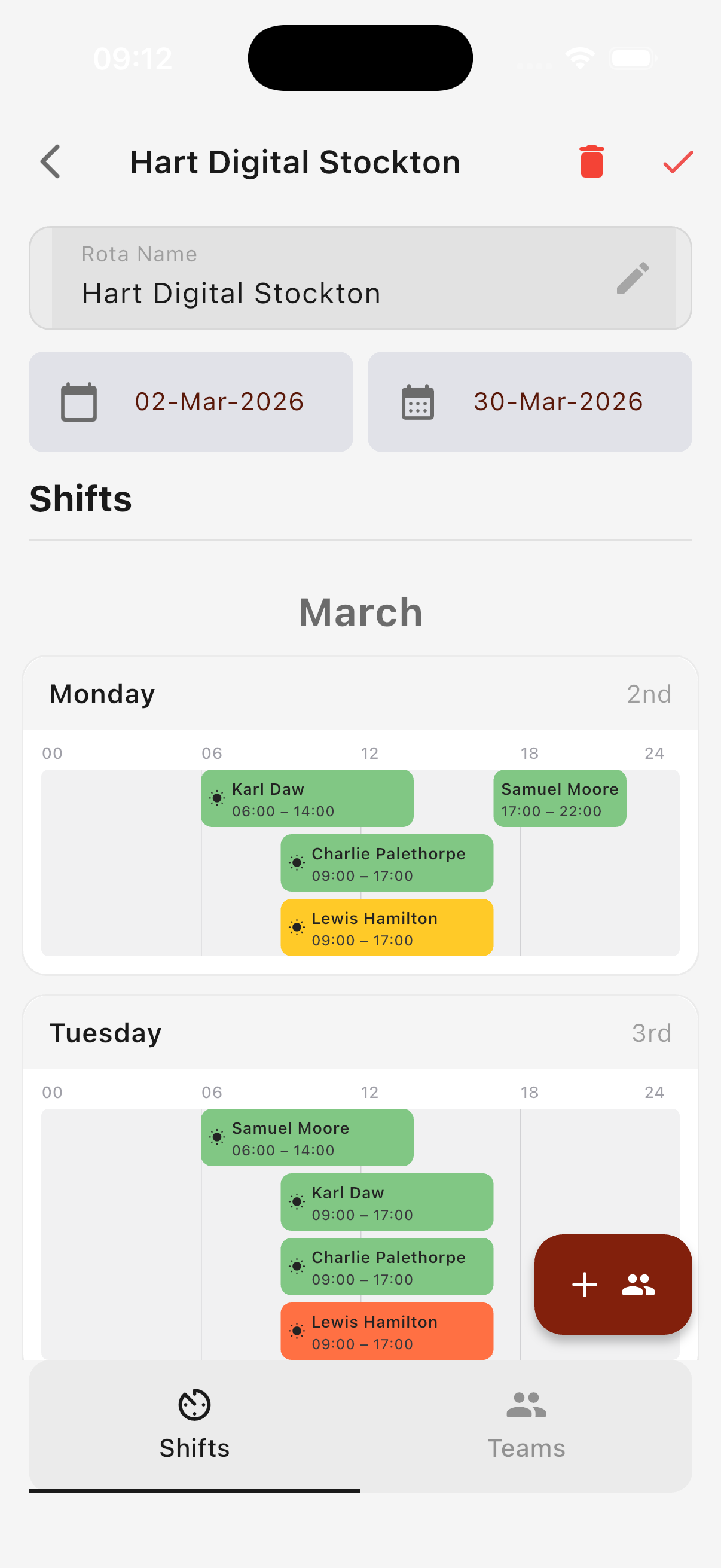 TurboRota rota details screen showing shifts by day — light theme