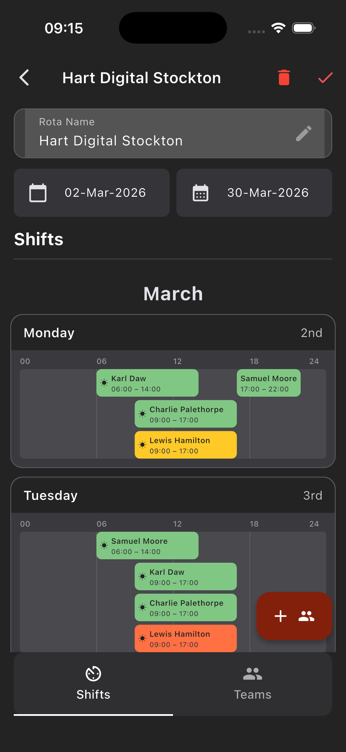 TurboRota rota details screen showing shifts by day — dark theme